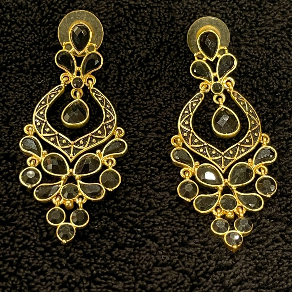 Beautiful gold tone and black enamel chandelier style earrings